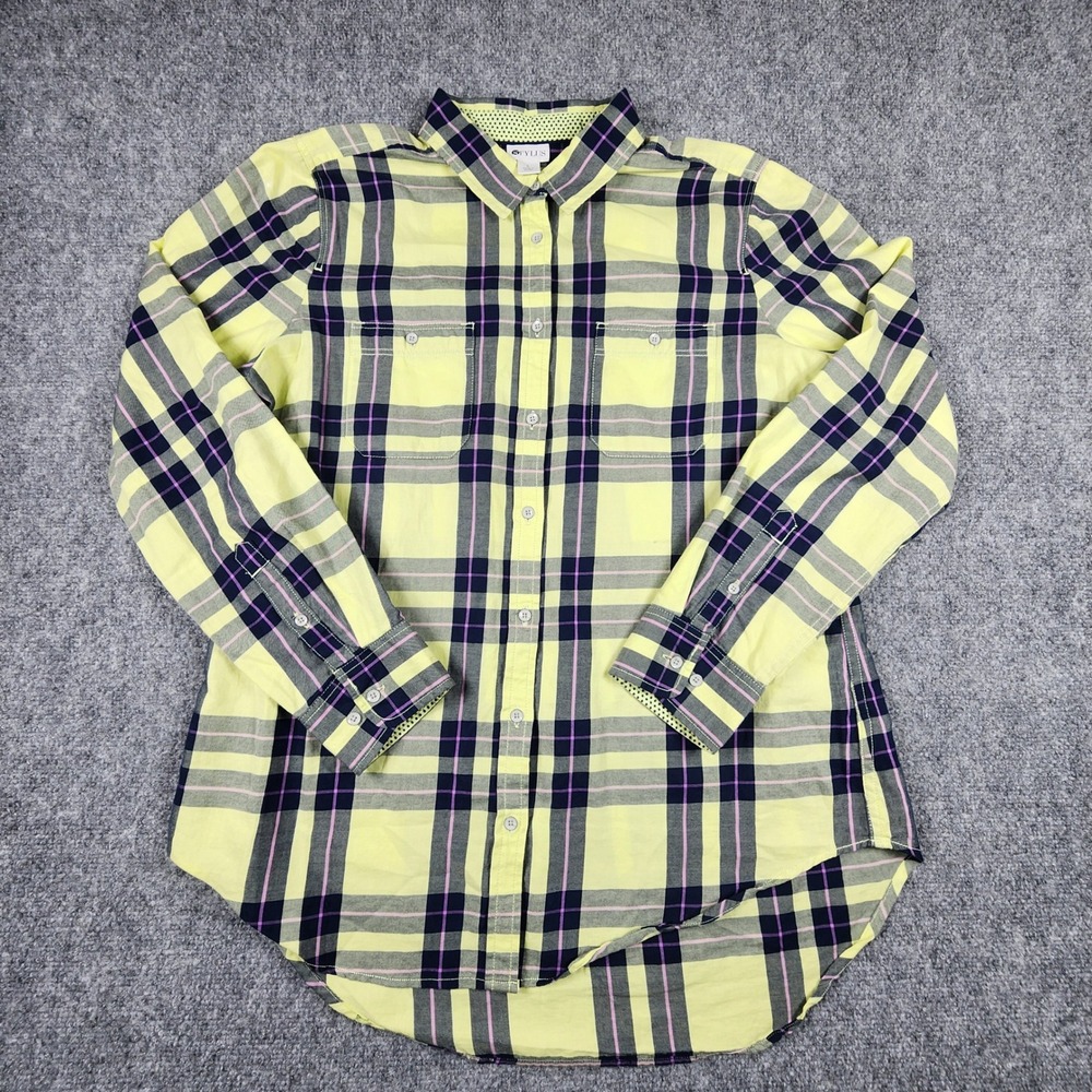 Stylus Womens Large Yellow Plaid Cotton Long Sleeve Button Down Shirt RN 93677